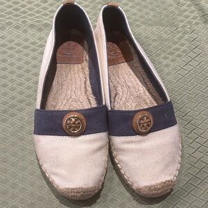 Tory Burch Canvas Espadrille Flats in Cream and Navy with Logo Button